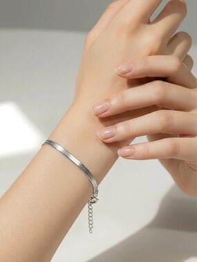 Flat Herringbone Bracelet Silver Stainless Steel 3mm Minimal Chic Modern Sleek